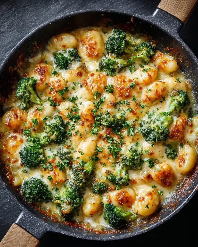 Cheesy broccoli gnocchi skillet garnished with fresh herbs