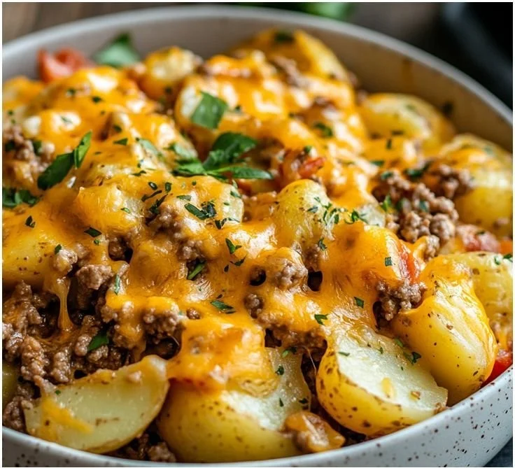 Cheesy ground beef and potato casserole served in a baking dish