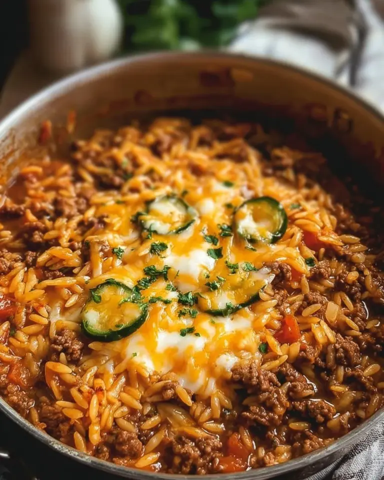 One-pot cheesy cheeseburger orzo dish served in a bowl