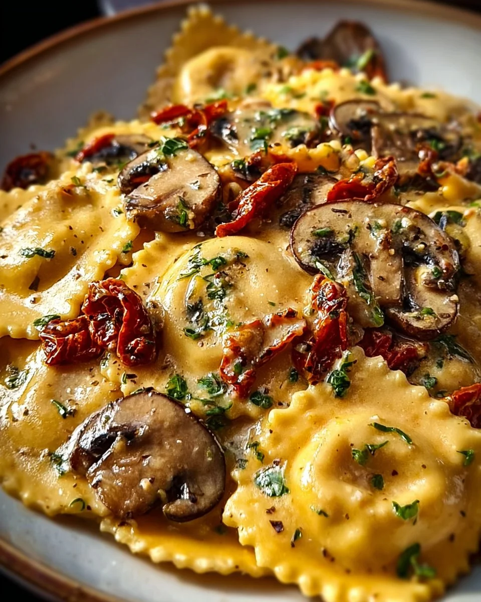 Cheesy Ravioli with Spinach, Mushrooms, and Sun-Dried Tomatoes