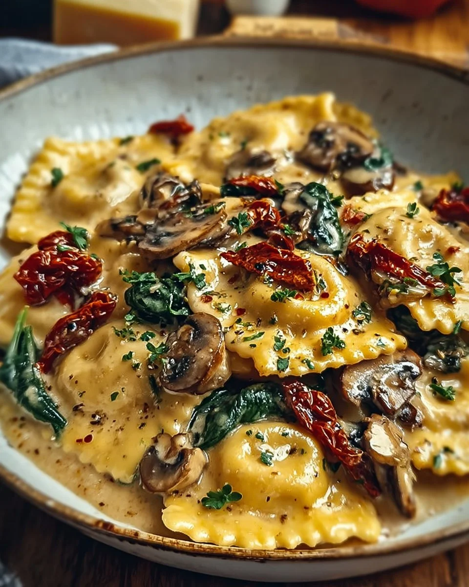 Cheesy Ravioli with Spinach, Mushrooms, and Sun-Dried Tomatoes