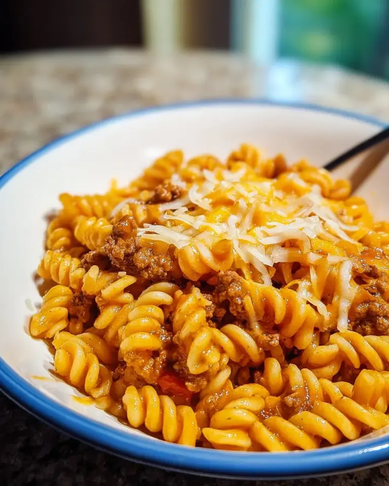 Cheesy taco pasta dish with melted cheese and savory taco seasoning