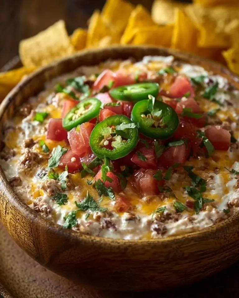 A bowl of cheesy Texas Trash Dip served with tortilla chips