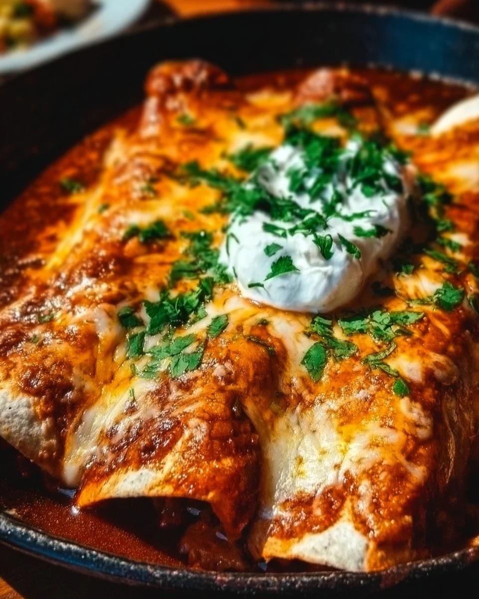 Plate of homemade Chicken Enchiladas topped with cheese and salsa