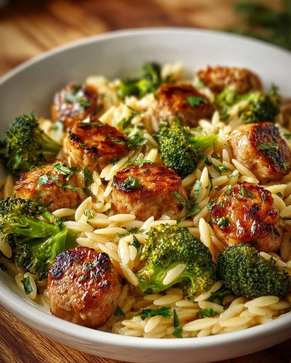 Chicken sausage broccoli orzo skillet served in a pan, garnished with herbs.