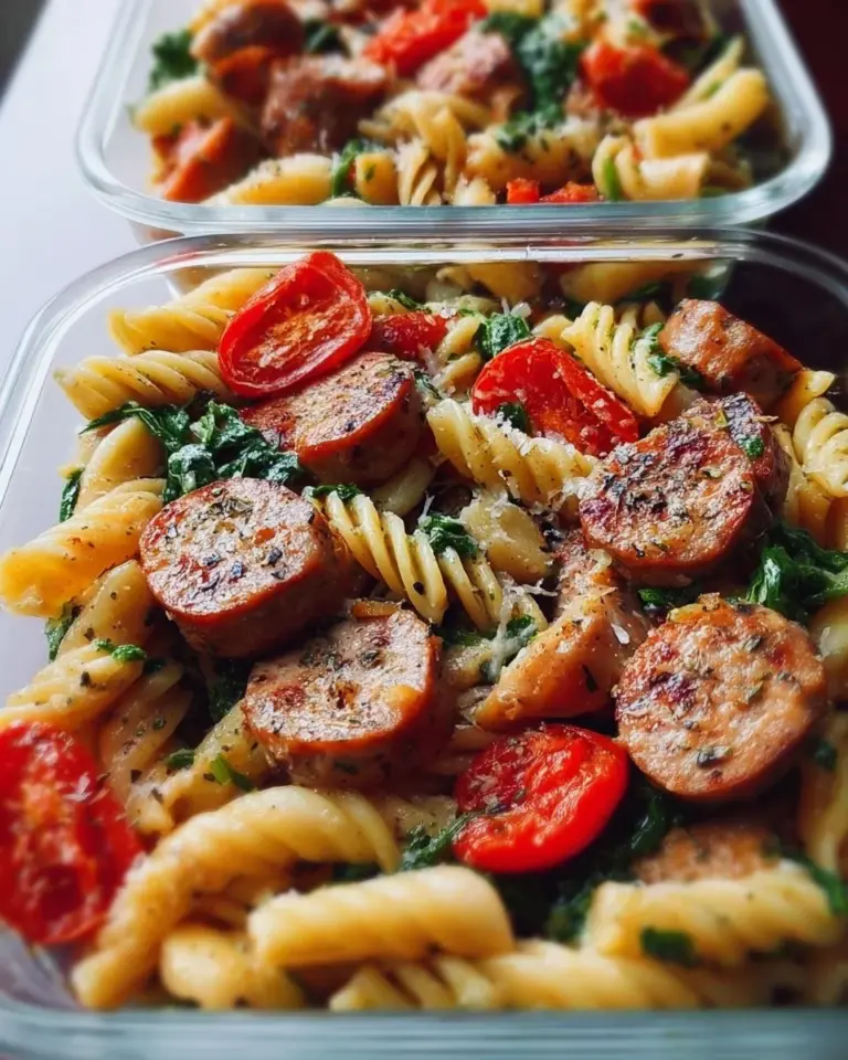 Chicken sausage pasta meal prep bowl with colorful vegetables and fresh herbs