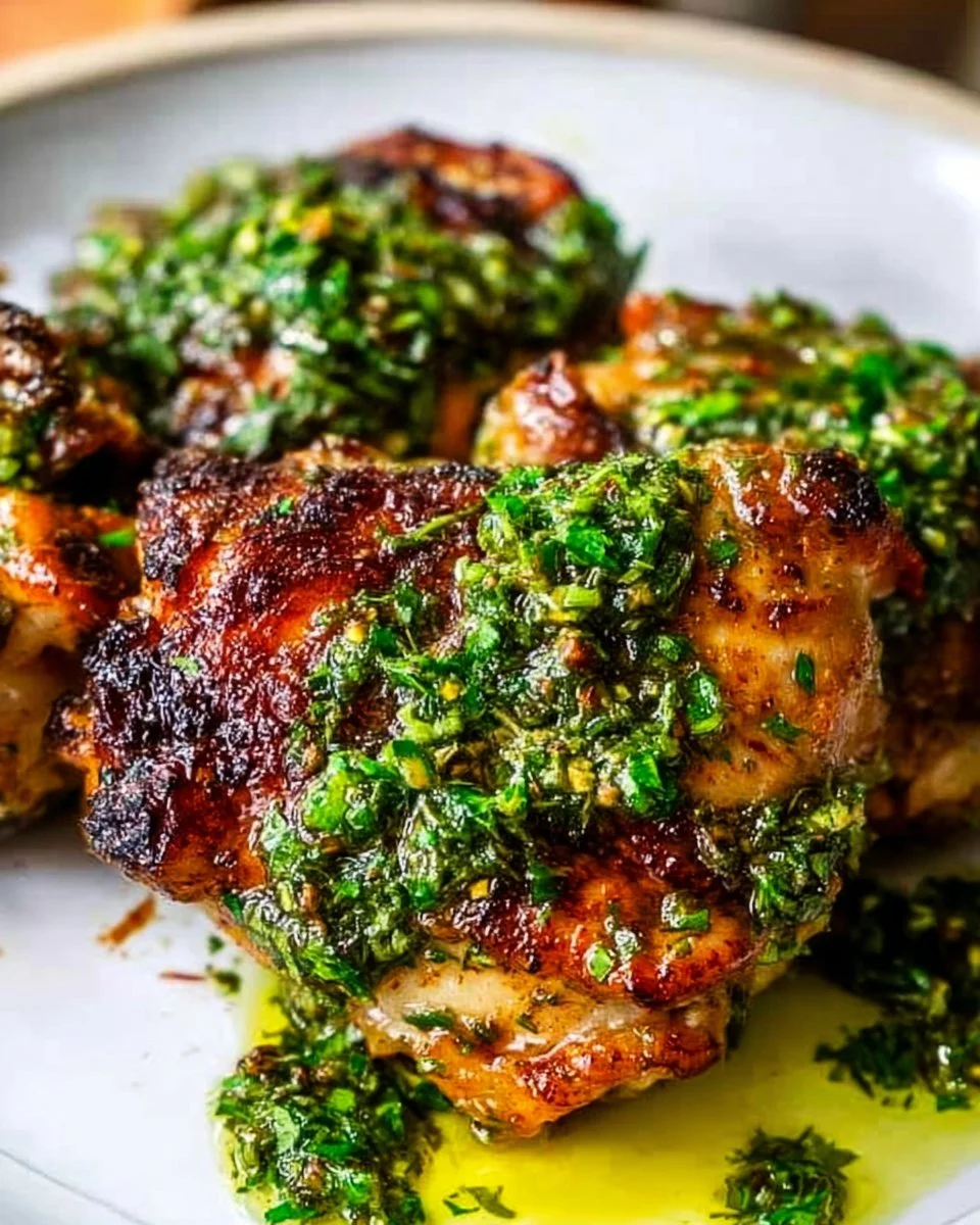 Delicious chimichurri chicken thighs garnished with fresh herbs