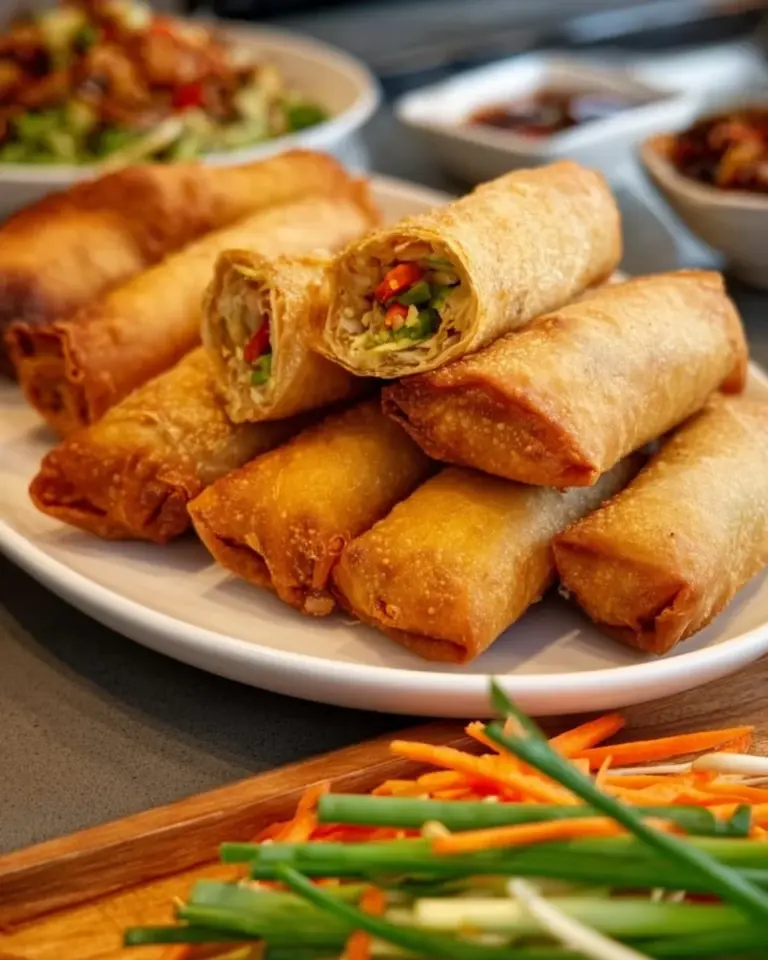 Delicious Chinese egg rolls with crispy wrappers and fresh vegetable filling.