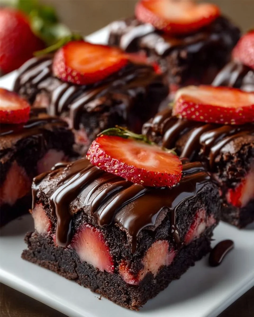 Delicious chocolate covered strawberry brownies topped with fresh strawberries.