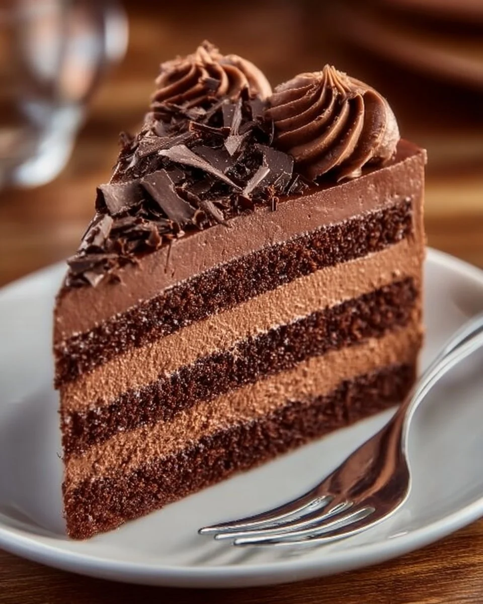 Decadent Chocolate Mousse Cake topped with chocolate shavings and fresh berries