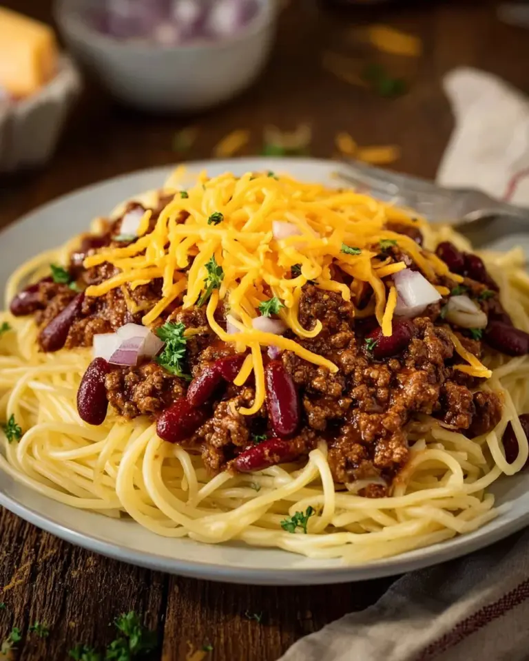 A bowl of Cincinnati Chili topped with cheese and onions