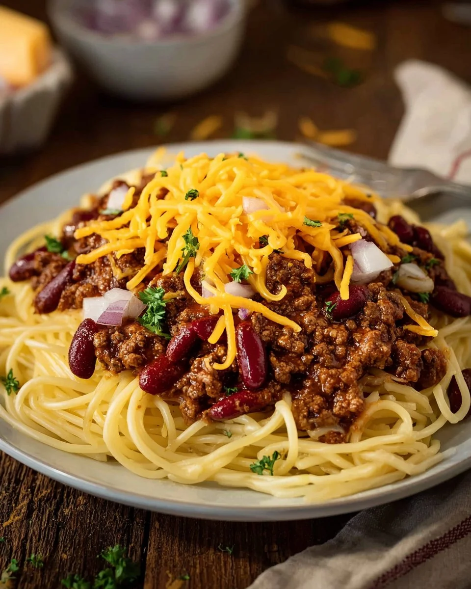 A bowl of Cincinnati Chili topped with cheese and onions