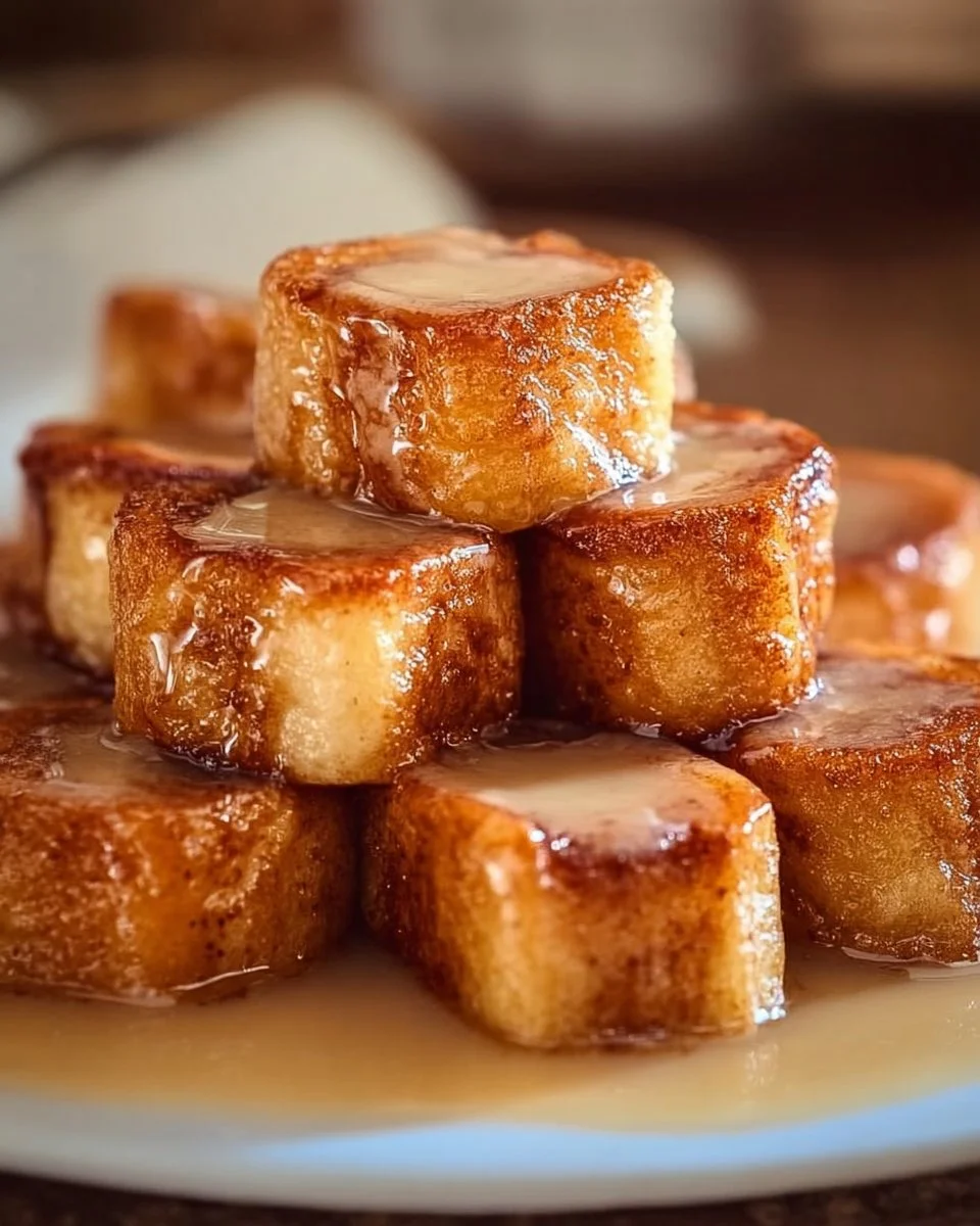 Delicious cinnamon roll french toast bites served on a plate, perfect for brunch.