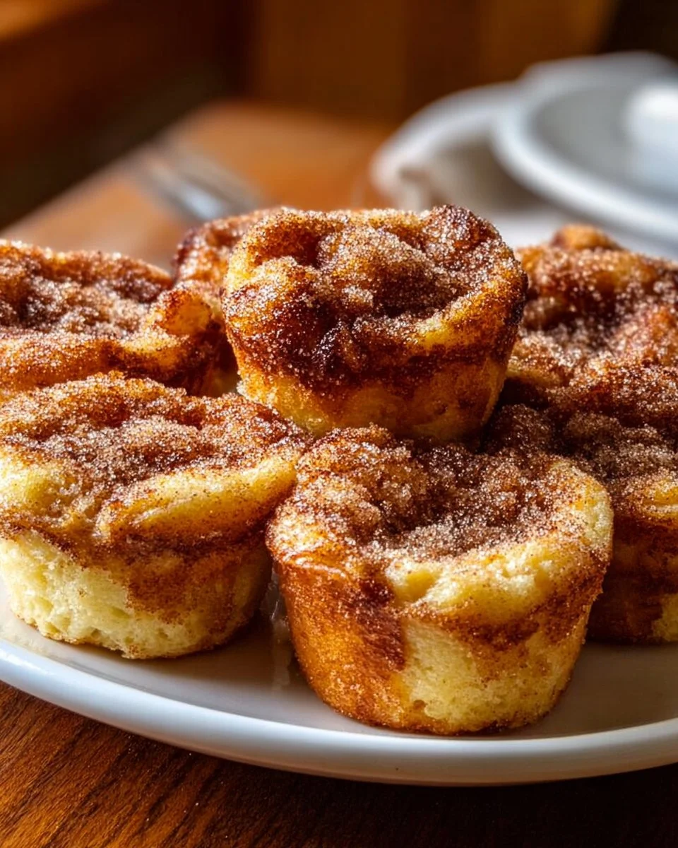 Freshly baked Cinnamon Sugar French Toast Muffins on a wooden table