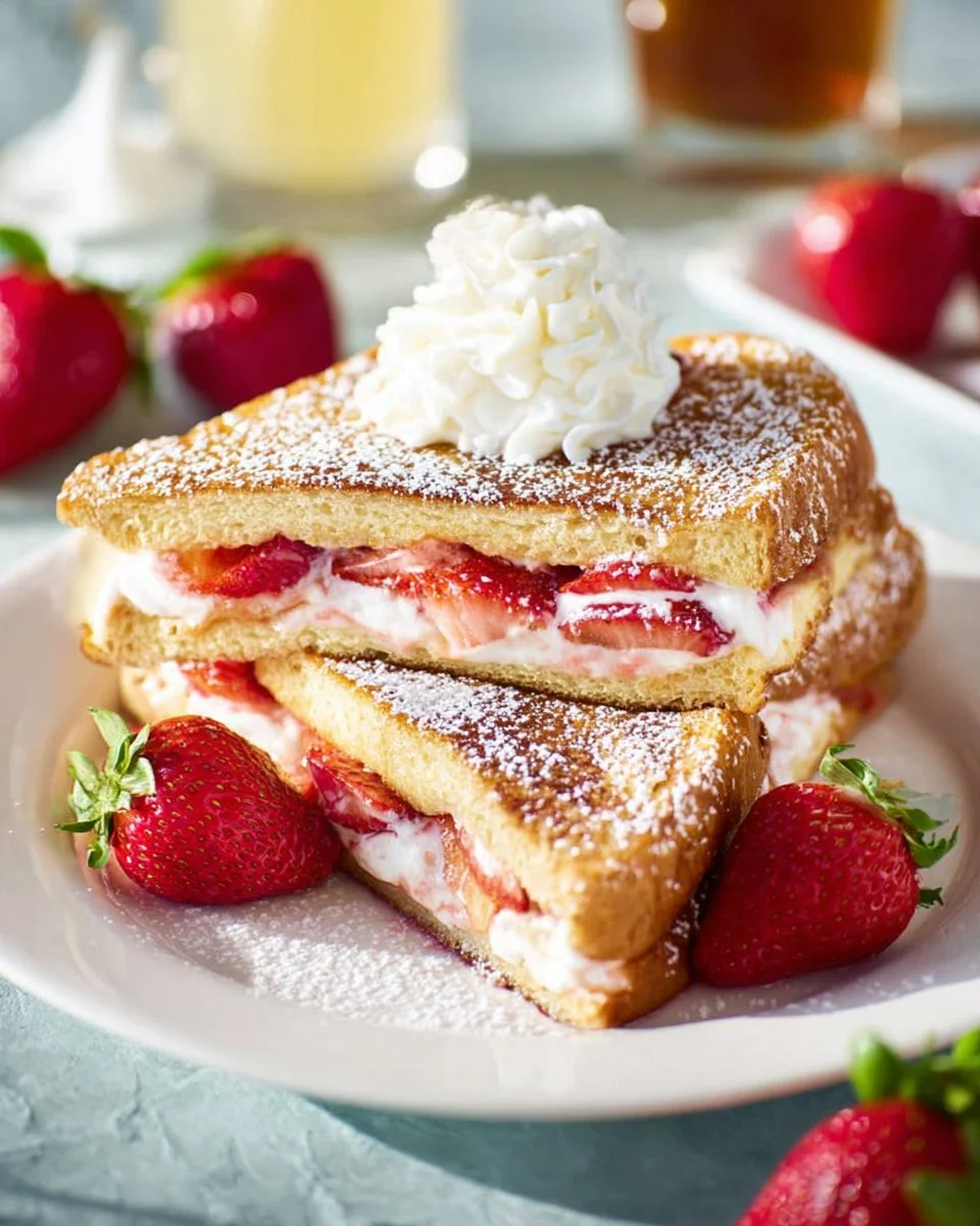 Cream Cheese Strawberry Stuffed French Toast topped with fresh strawberries.