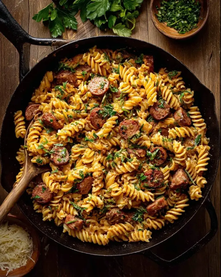 Creamy Andouille Sausage Pasta served in a bowl with herbs.