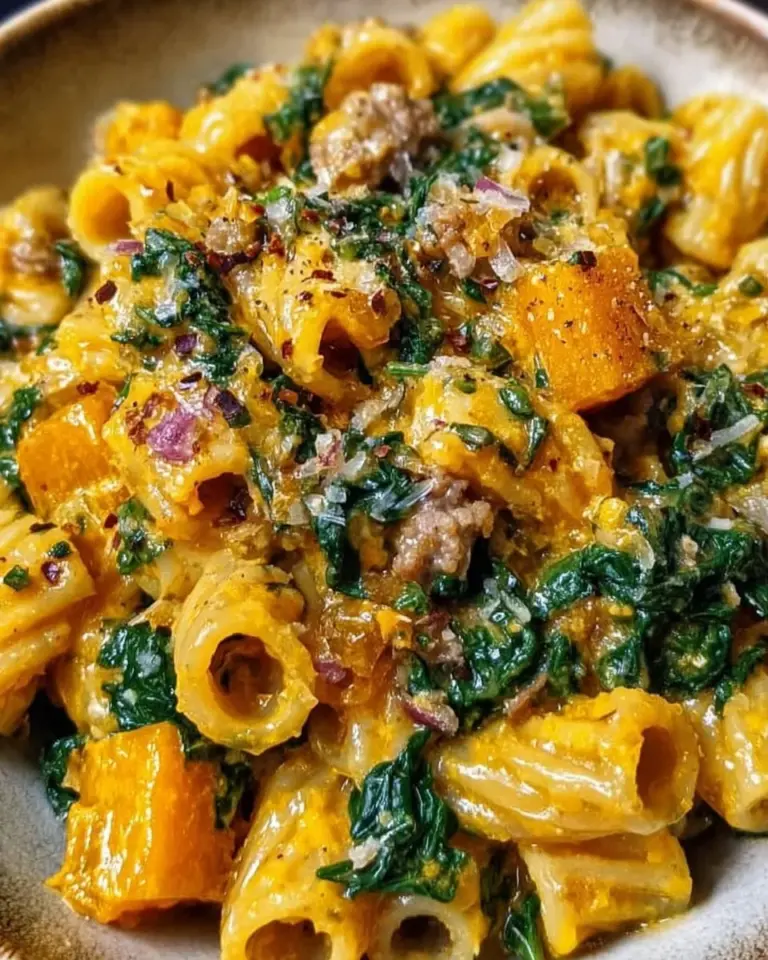 Creamy butternut squash pasta dish with sausage and spinach in a bowl.