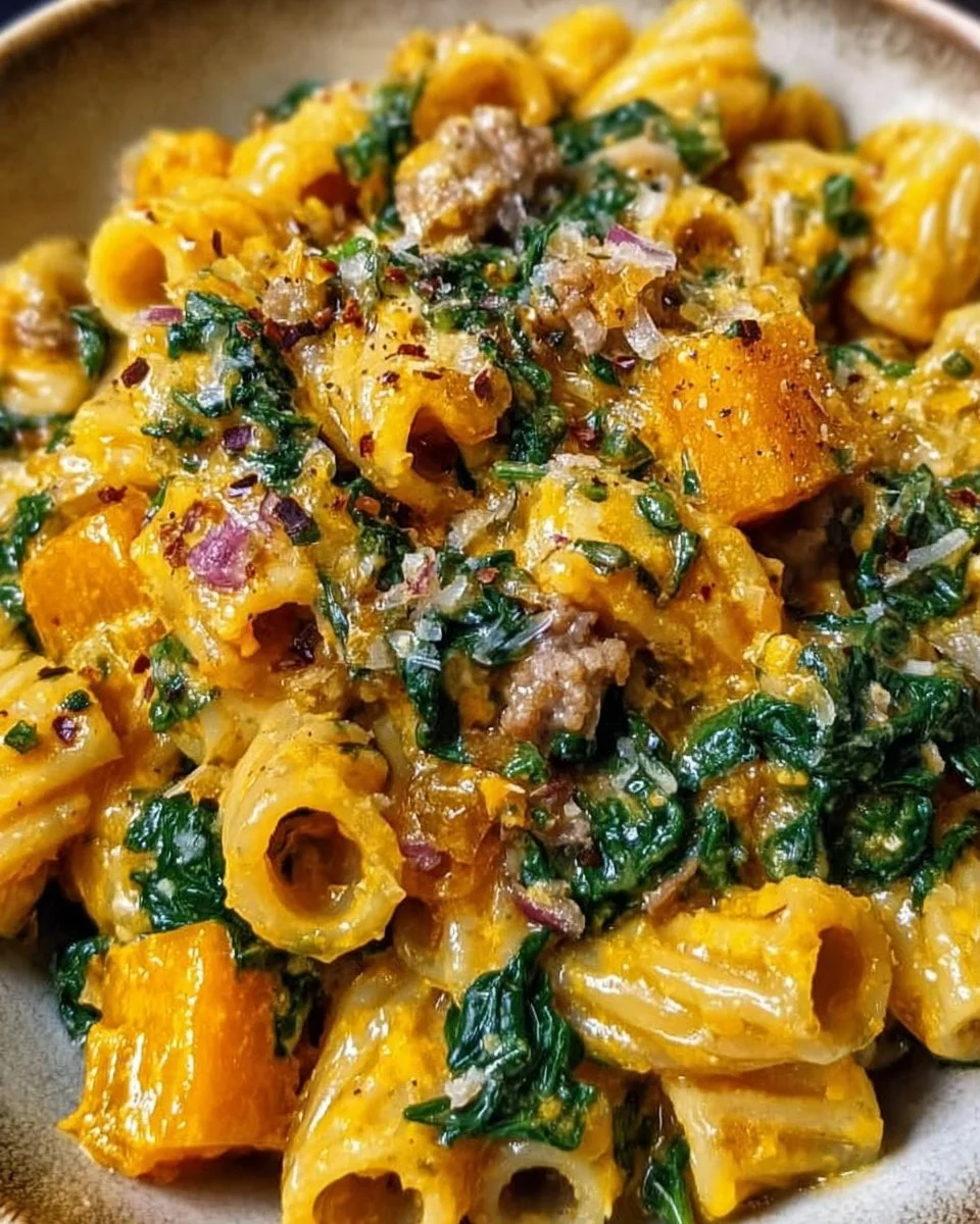 Creamy butternut squash pasta dish with sausage and spinach in a bowl.