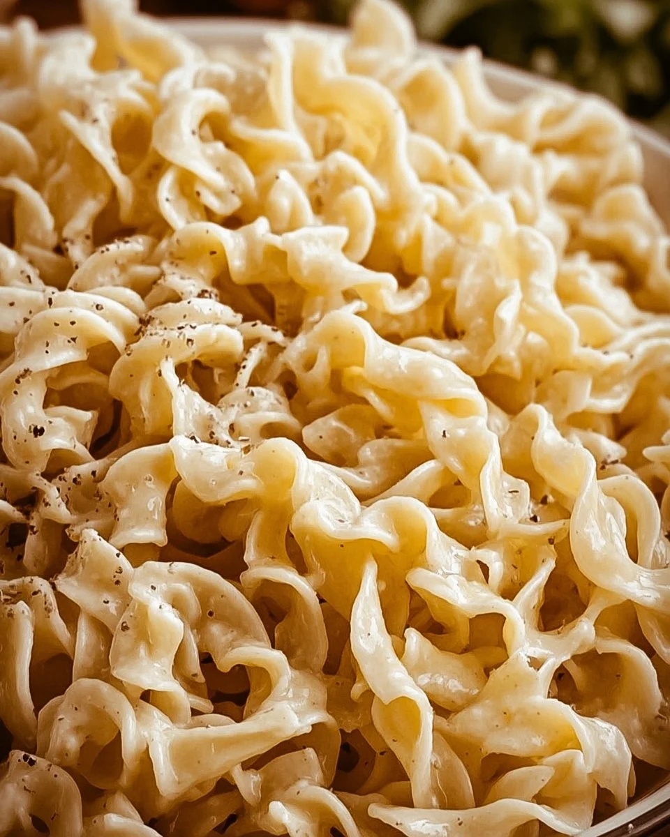 Creamy cafeteria noodles served in a bowl with fresh herbs