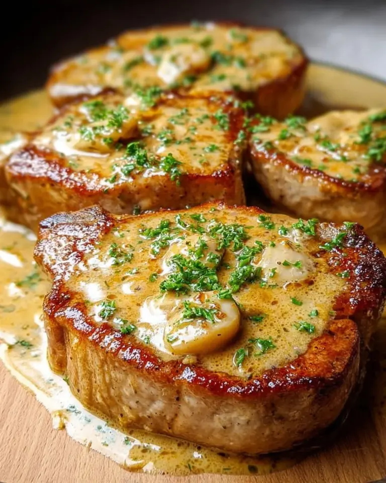 Creamy garlic pork chops served on a plate with herbs and spices