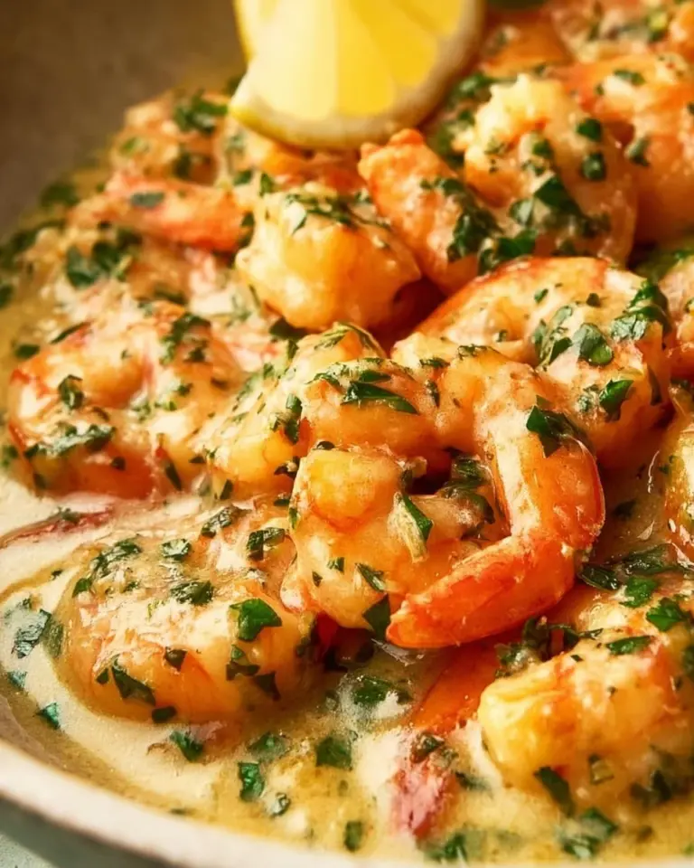 Plate of creamy lemon garlic prawns garnished with herbs