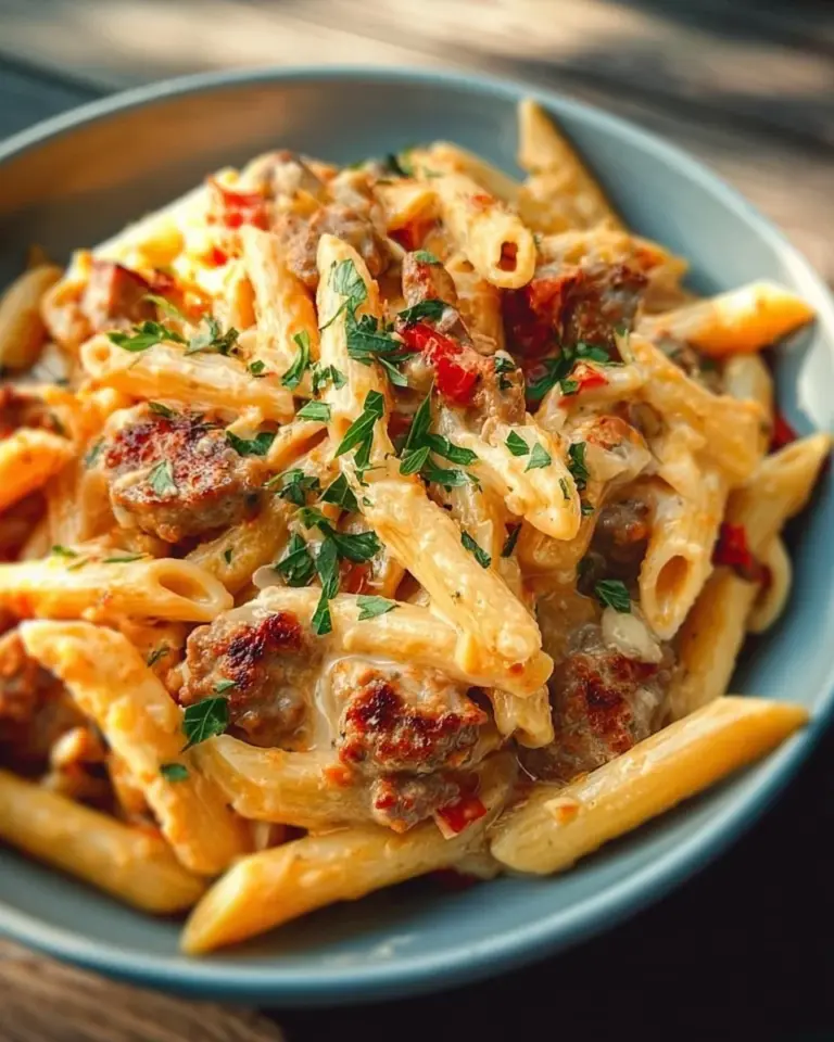 Creamy Tuscan sausage pasta served in a bowl with fresh herbs and parmesan cheese
