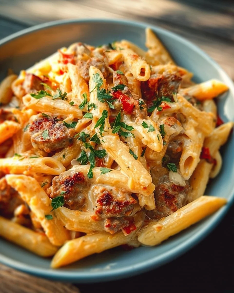 Creamy Tuscan sausage pasta served in a bowl with fresh herbs and parmesan cheese