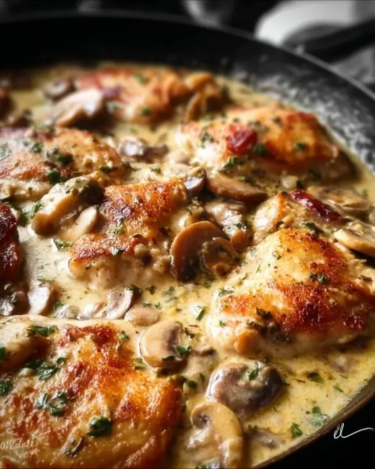 Creamy white wine chicken dish garnished with herbs and served on a plate.