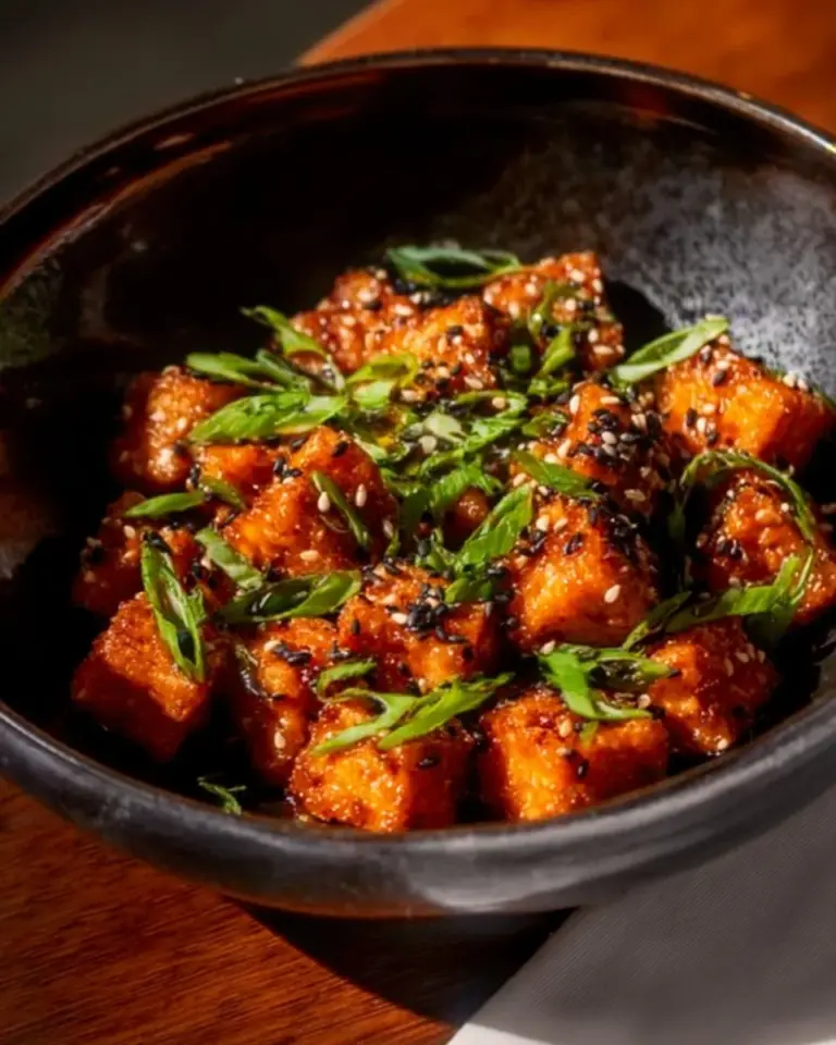 Plate of crispy chili crunch tofu garnished with spices and herbs