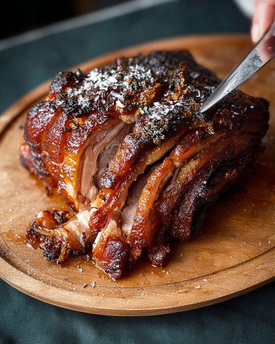 Perfectly cooked crispy pork shoulder served with herbs and spices