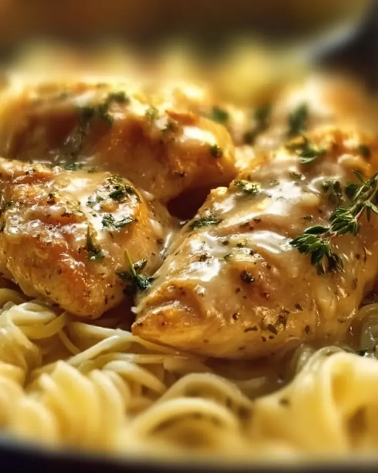 A creamy Crock Pot Angel Chicken dish served with a side of vegetables.