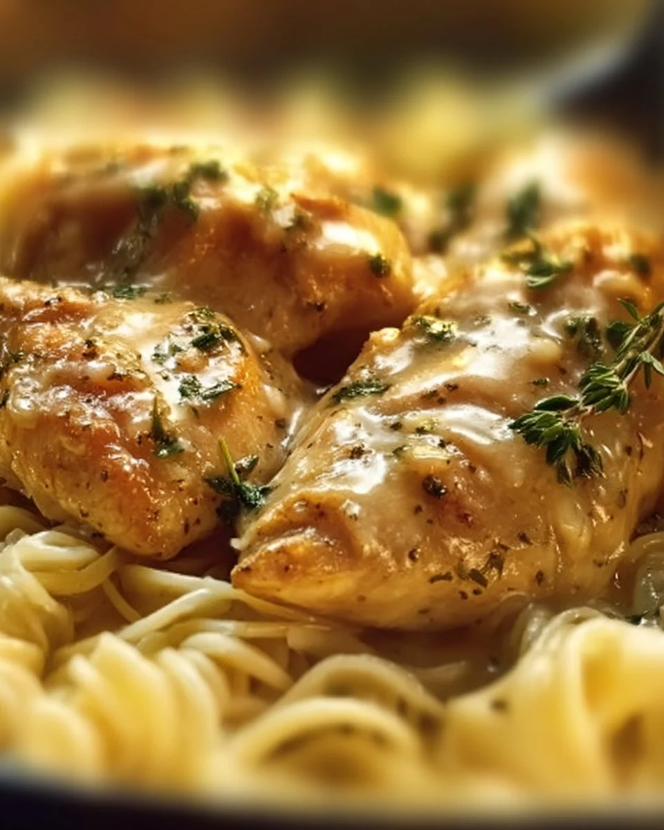 A creamy Crock Pot Angel Chicken dish served with a side of vegetables.