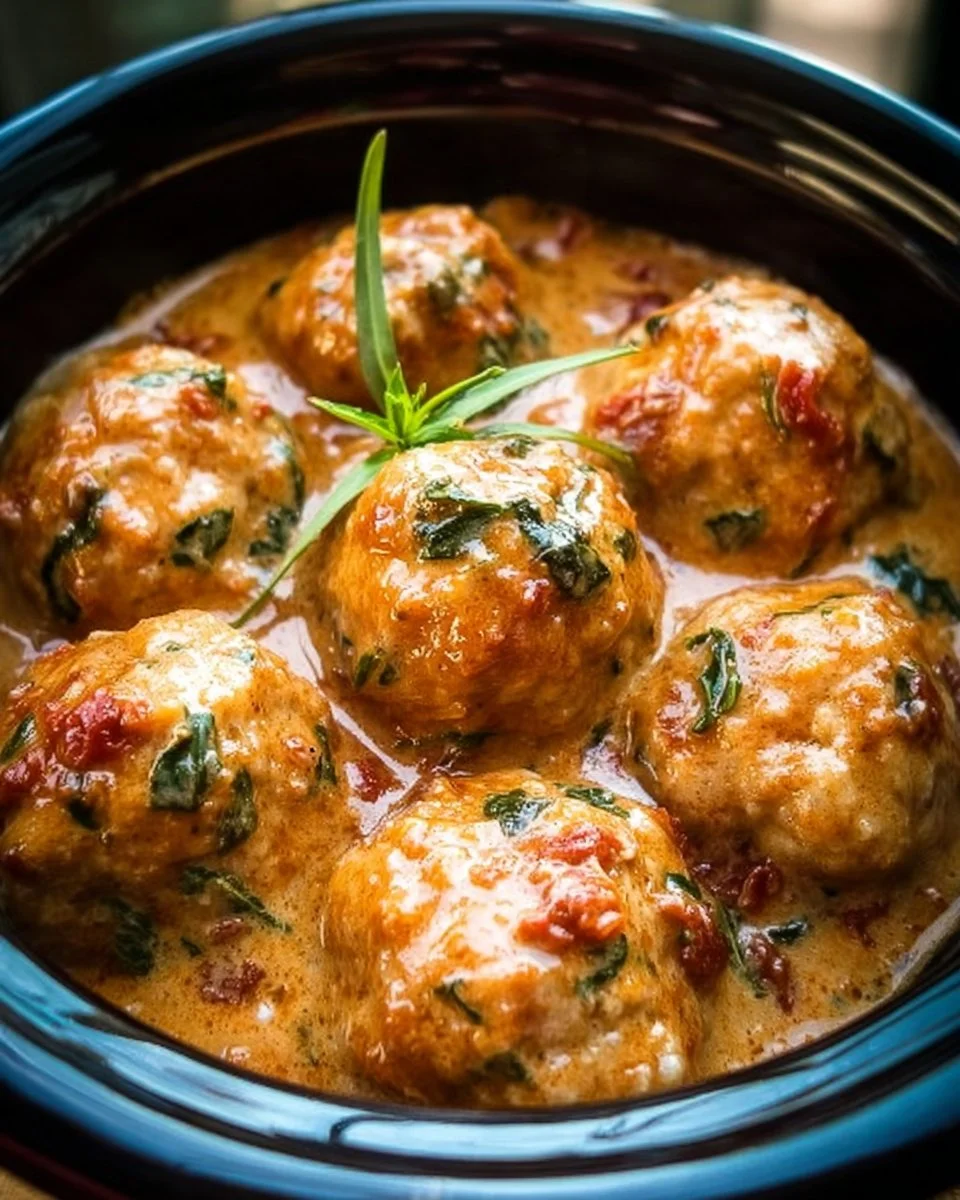 Crockpot Marry Me Chicken Meatballs served on a rustic plate