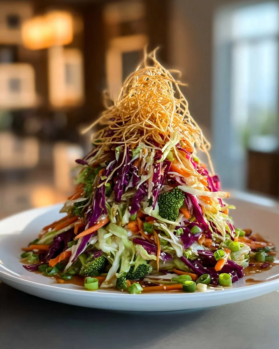 Crunchy Asian Cabbage Slaw topped with sesame dressing and colorful vegetables