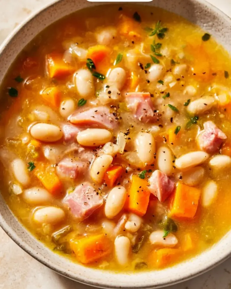 Bowl of easy ham and bean soup with fresh herbs and vegetables