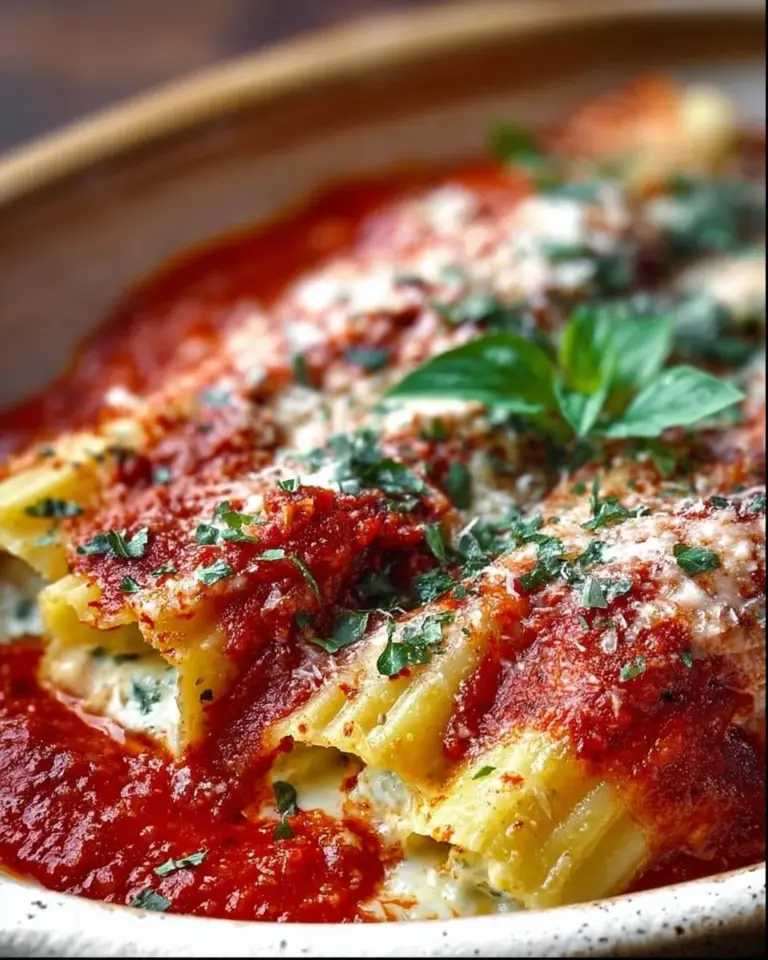 Delicious easy homemade manicotti topped with marinara sauce and cheese