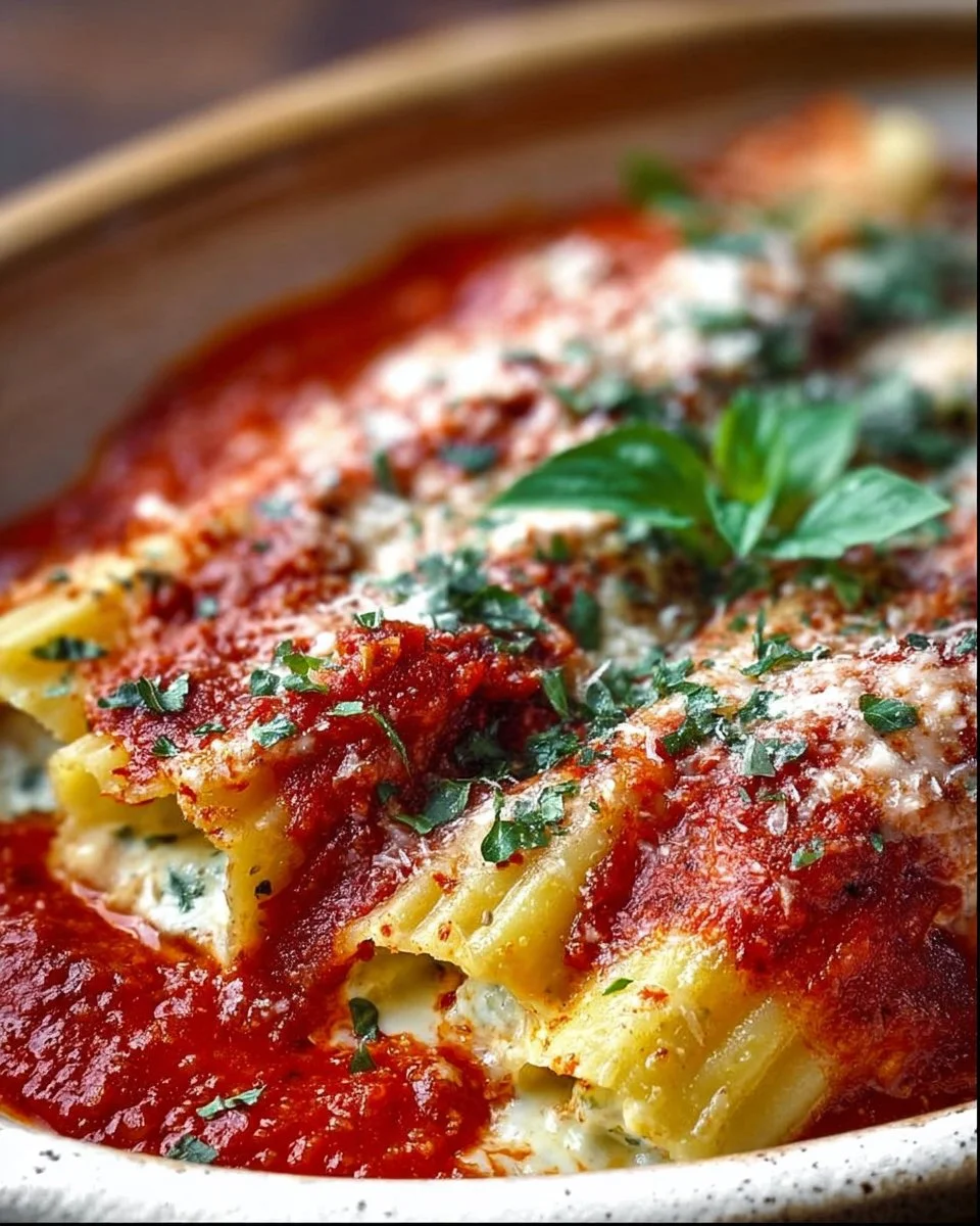 Delicious easy homemade manicotti topped with marinara sauce and cheese