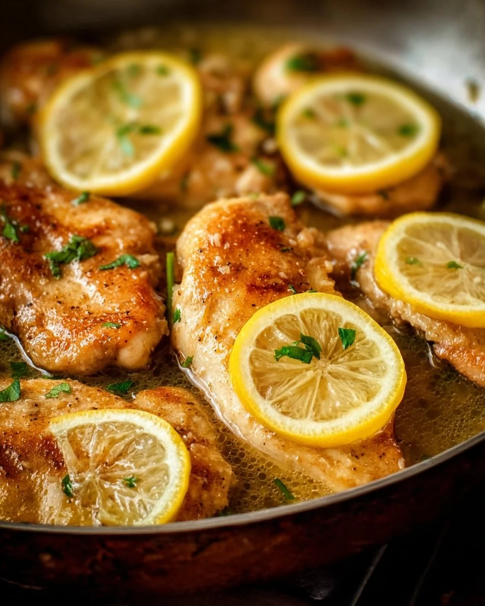 Plate of easy lemon chicken garnished with fresh herbs and lemon slices