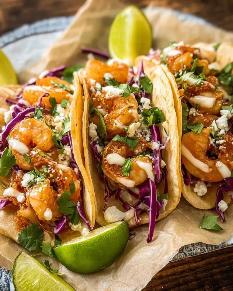 Plate of easy shrimp tacos with fresh toppings and lime wedges
