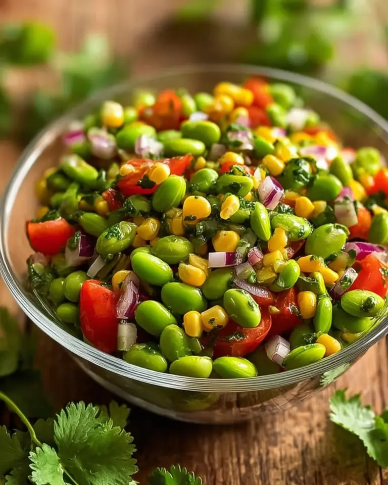 Edamame salad with cilantro lime dressing served in a bowl