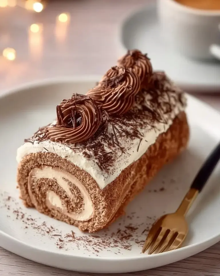 Elegant tiramisu yule log cake garnished with cocoa and coffee beans.