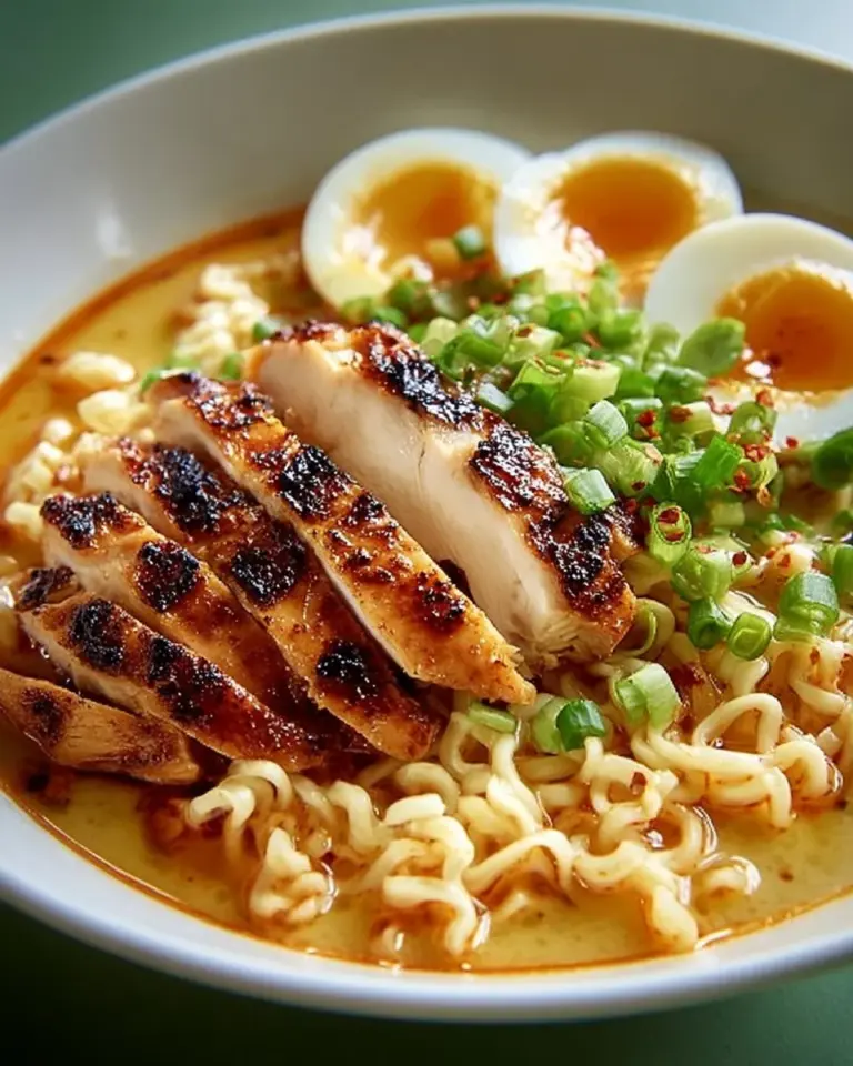 Bowl of Fiery Chicken Ramen with Creamy Garlic Sauce