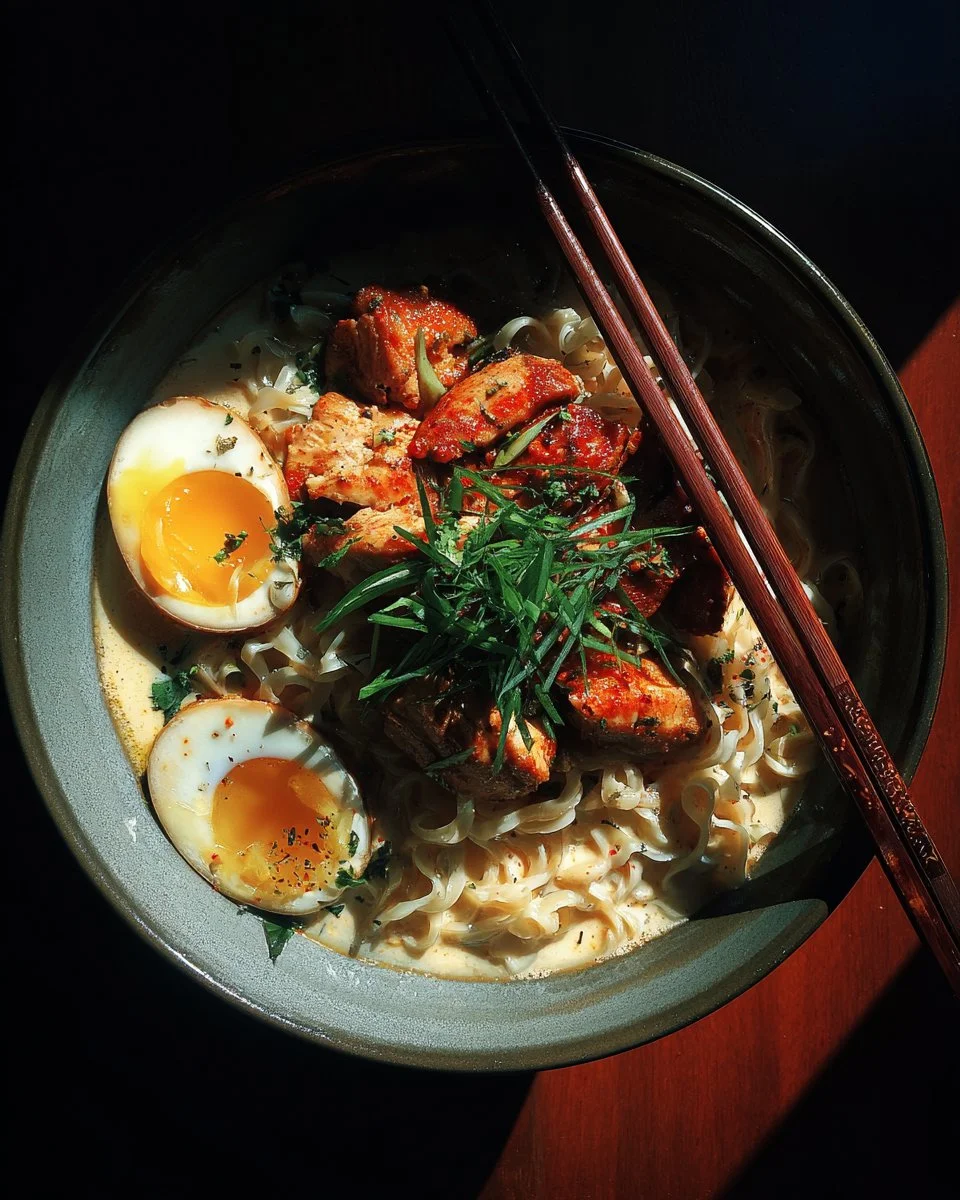 Bowl of fiery chicken ramen topped with creamy garlic sauce and fresh herbs.