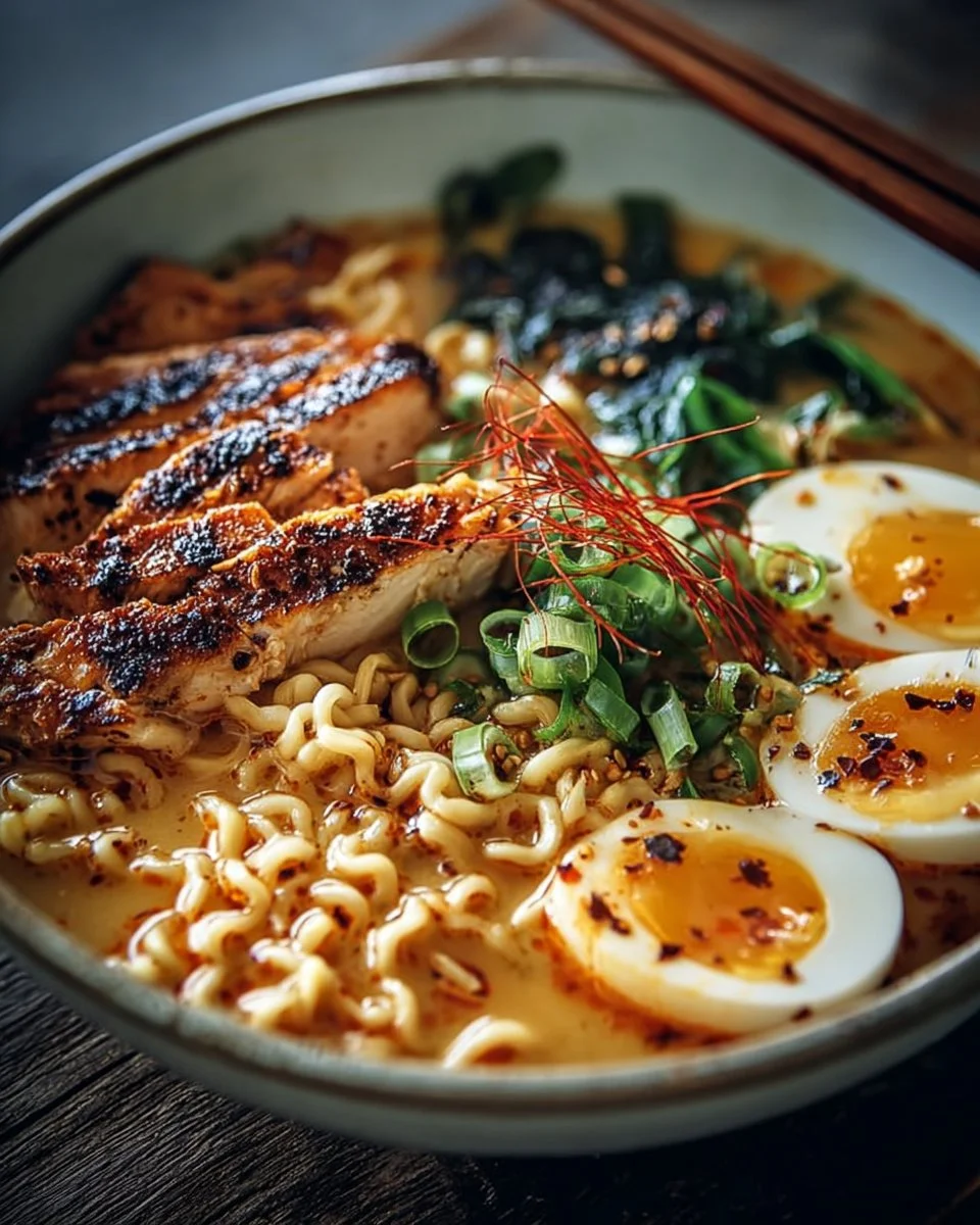 Fiery Chicken Ramen with Creamy Garlic Sauce