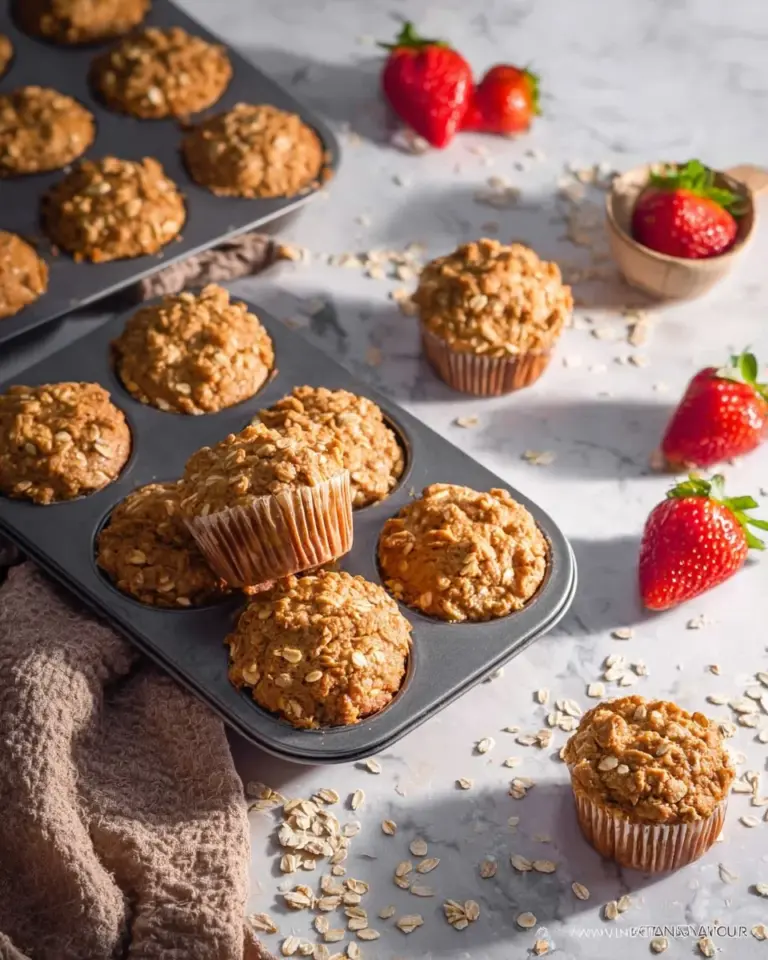 Freshly baked flaxseed muffins topped with streusel on a wooden table