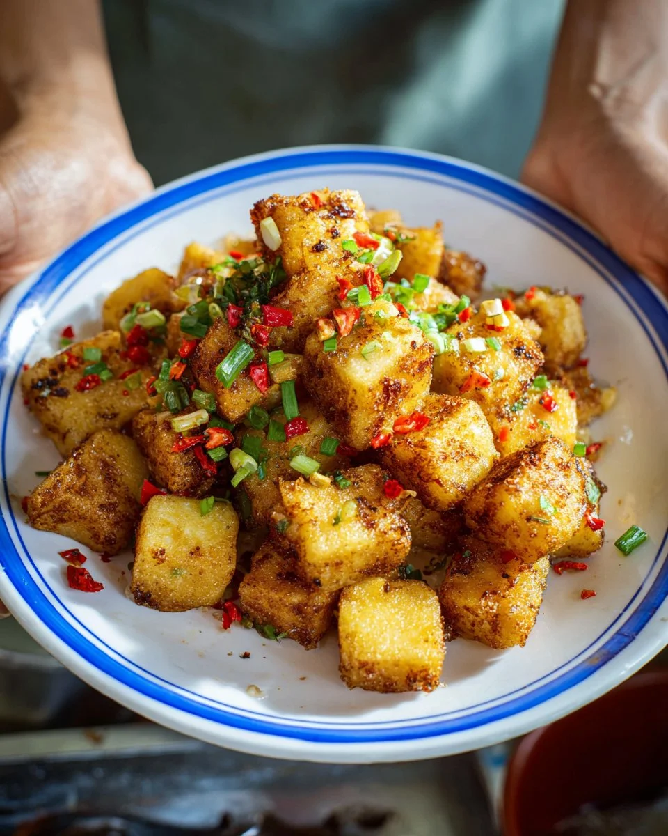 Crispy fried salt and pepper tofu served on a plate