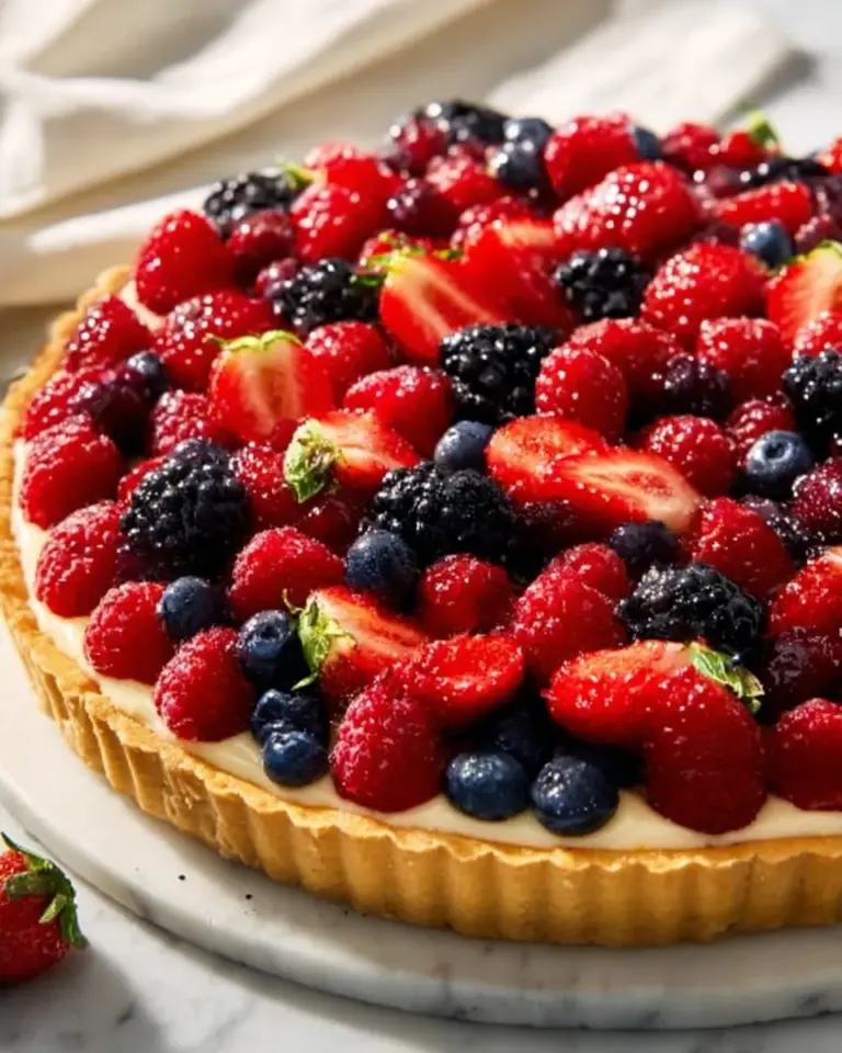 Delicious Fruit Custard Tart topped with fresh seasonal fruits