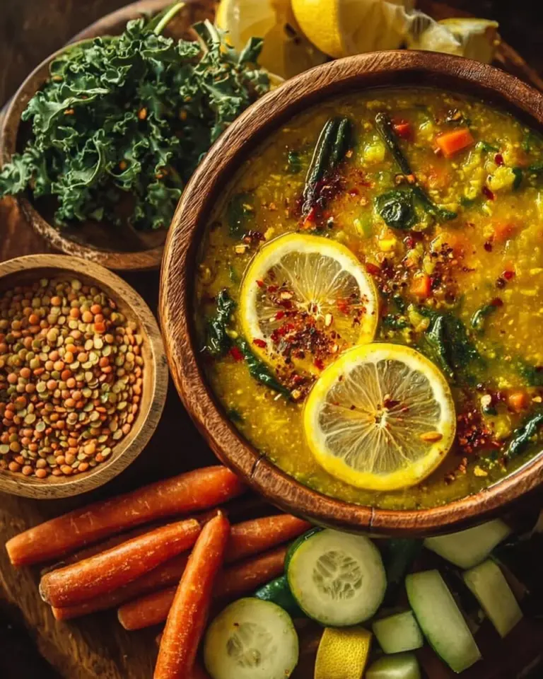 Bowl of golden lemon lentil soup garnished with herbs.