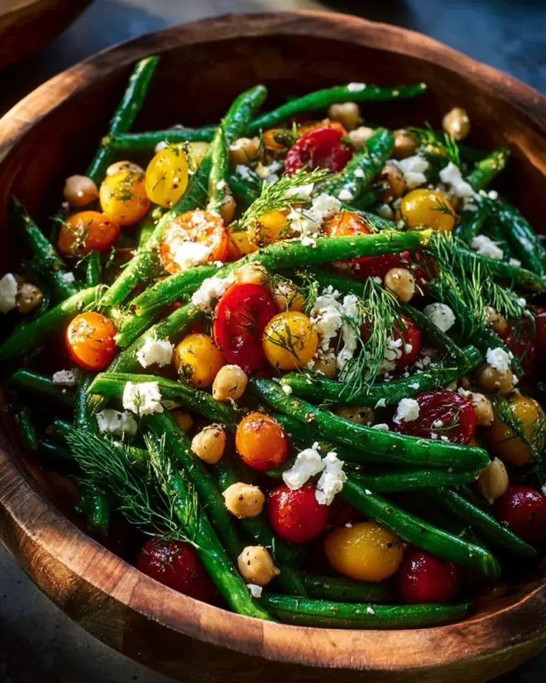 A vibrant green bean, tomato and chickpea salad served in a bowl.