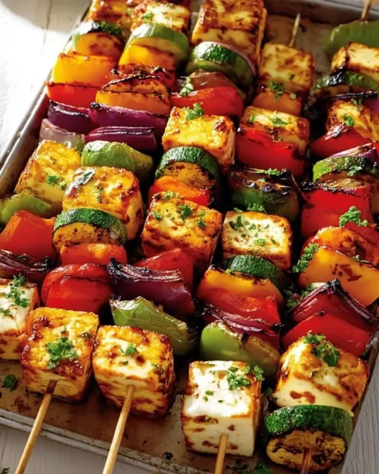 Grilled halloumi and veggie skewers on a plate ready for serving.